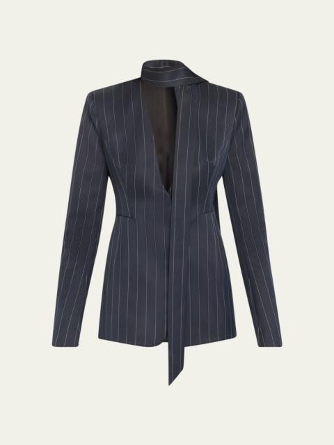 LaQuan Smith Pinstripe V-Neck Scarf Cutout Blazer Mini Dress