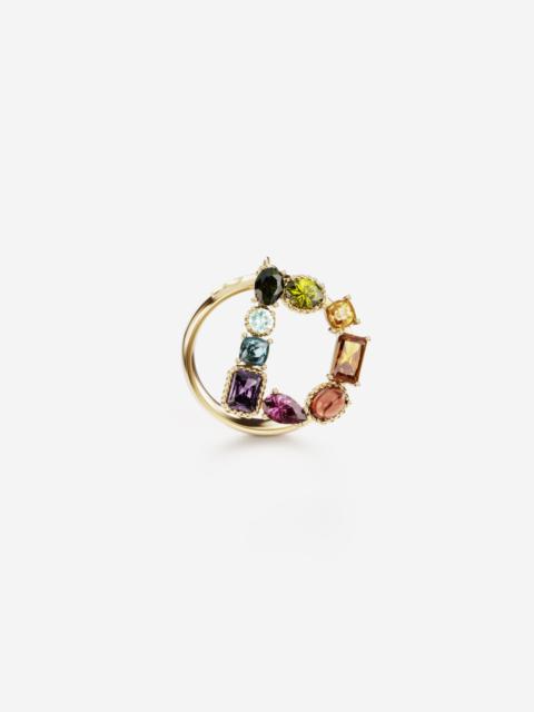 Rainbow alphabet D ring in yellow gold with multicolor fine gems