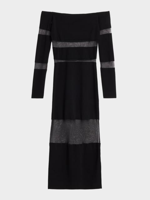 LAPOINTE Off-The-Shoulder Sheer Striped Matte Viscose Midi Dress