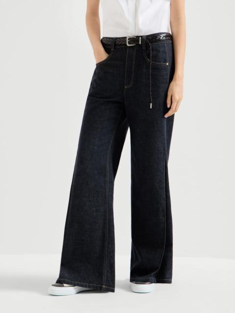 No-fade denim loose flared trousers with monili
