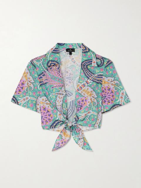 Etro Knotted cropped cotton and silk-blend voile shirt Light blue
