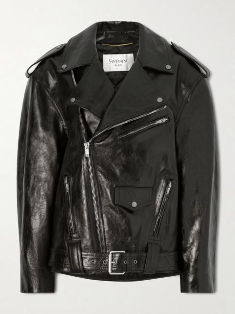 SAINT LAURENT Glossed Textured-leather Biker Jacket