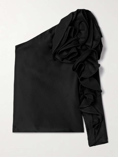 CAROLINA HERRERA One-sleeve ruffled silk-gazar top Black