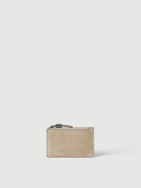 Brunello Cucinelli Suede card case with shiny zipper pull