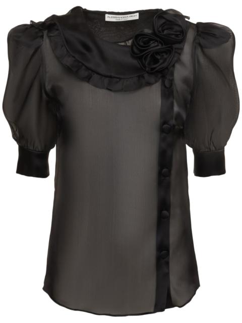 Alessandra Rich Silk organza blouse w/ rose appliqués