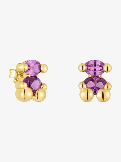 TOUS 13 mm 18K gold vermeil bear motif Earrings with lab-grown lilac-colored sapphire Color Bear LGG