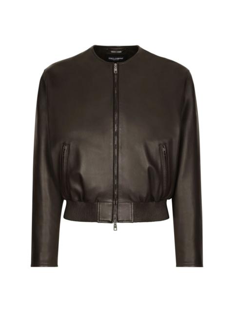collarless leather bomber jacket