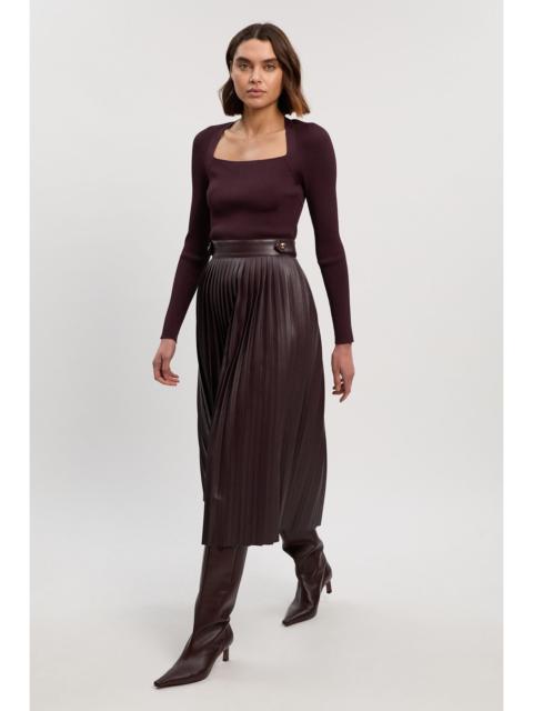 KAREN MILLEN Viscose Rib Pu Mix Tab Detail Pleated Knit Midi Dress