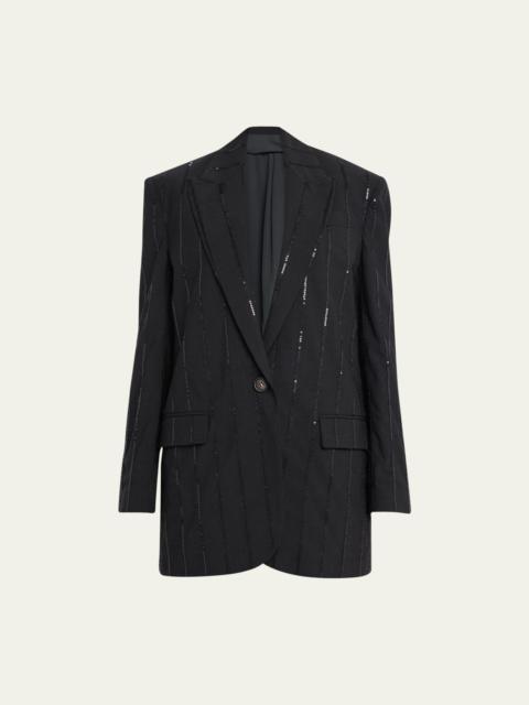 Vertical Beaded Pinstripe Wool Blazer Jacket