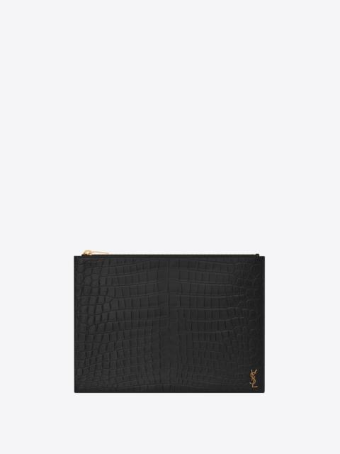 SAINT LAURENT tiny monogram zipped tablet holder in crocodile embossed matte leather