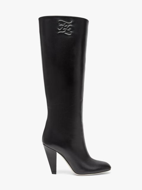 Black leather, high-heeled boots