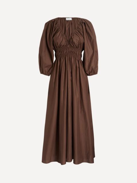 MATTEAU Chocolate Shirred Plunge Button Midi Dress