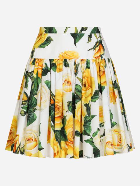 Short circle skirt in yellow rose-print cotton