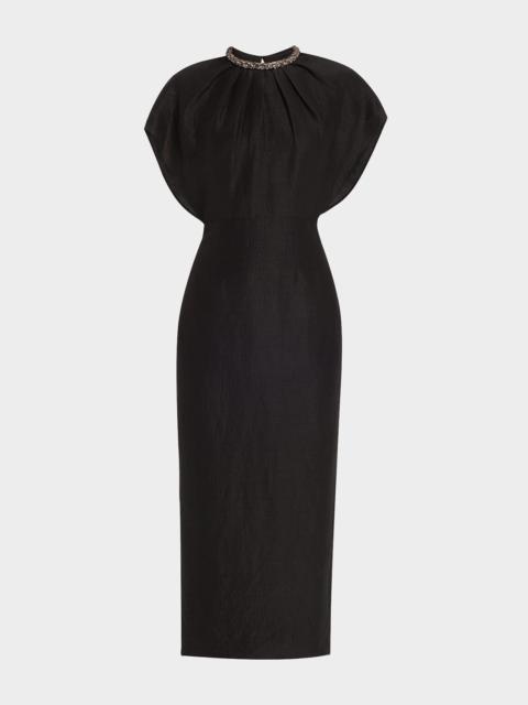 ROLAND MOURET Diamante Neck Midi Dress