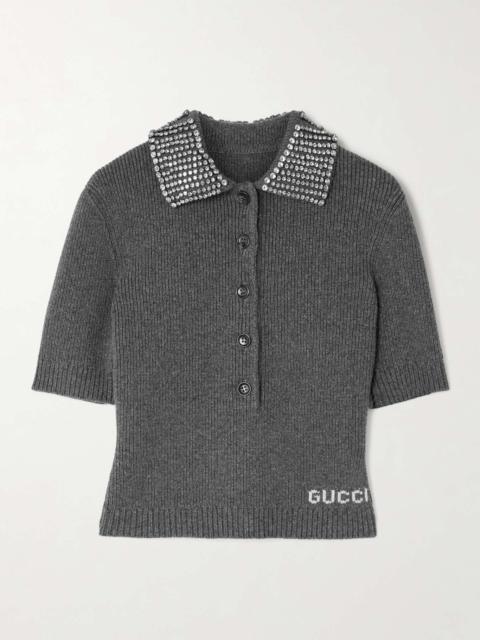 GUCCI Crystal-embellished logo-jacquard ribbed wool polo shirt