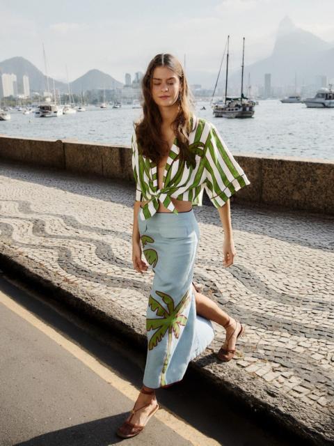 FARM RIO Blue Embroidered Palm Tree Euroflax Premium Linen Maxi Skirt