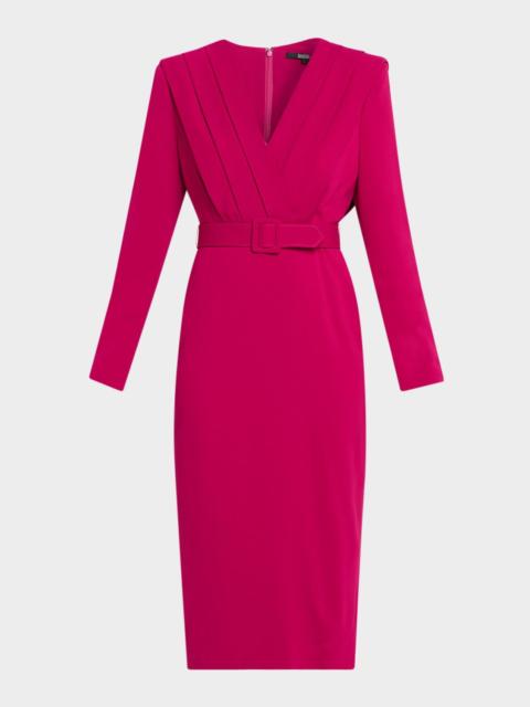 BADGLEY MISCHKA Stretch Crepe Belted V-Neck Midi-Dress
