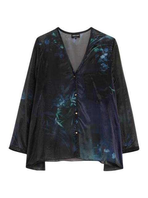 GIORGIO ARMANI Women's Floral Print Silk-Blend Blouse - Solid Black