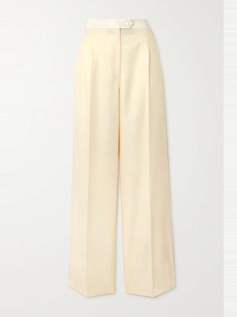 Pleated cotton and wool-blend jacquard wide-leg pants