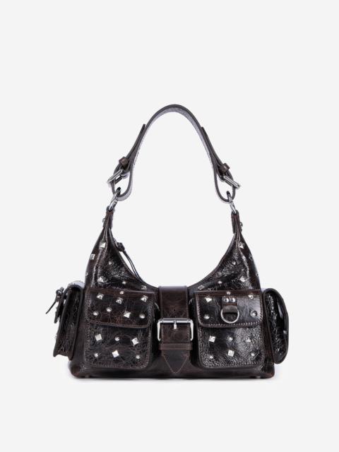 The Kooples STUDDED AMELIA BAG IN BROWN CRACKED LEATHER