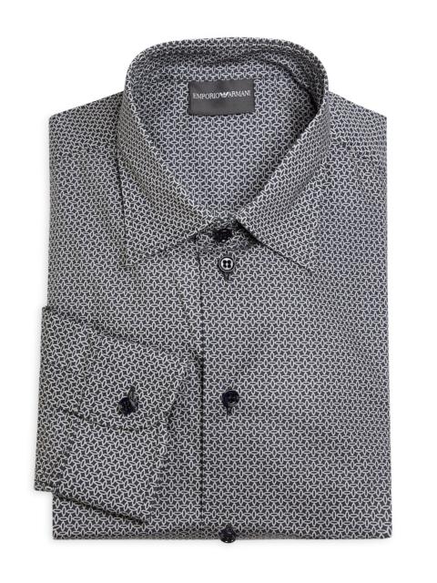 EMPORIO ARMANI Men's Geometric Print Stretch-Cotton Poplin Sport Shirt - Navy Grey