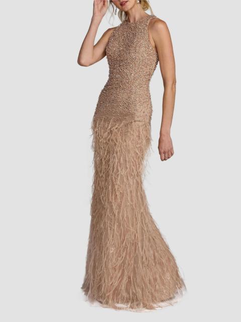 MAC DUGGAL Women's Beaded Feather-Trimmed Gown - Porcelain