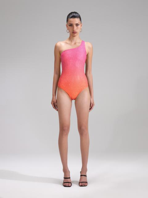 self-portrait Pink Rhinestone One Shoulder Swimsuit