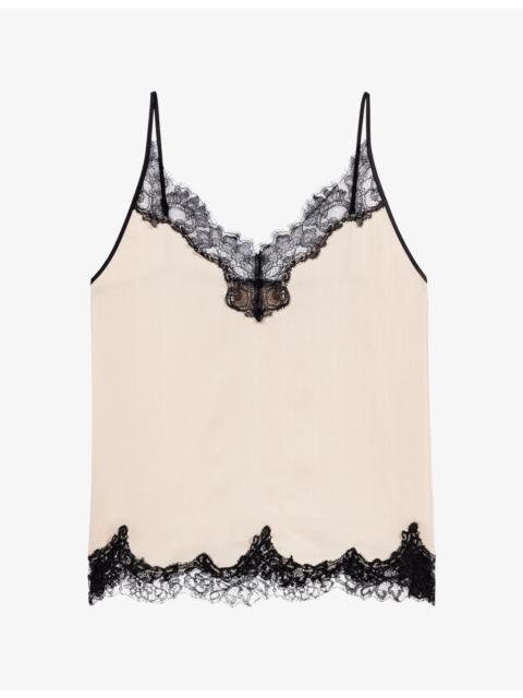 maje Sleeveless Lace-Trim Stretch-Satin Top