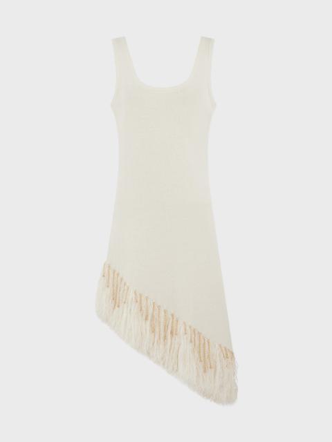 Paco Rabanne ASYMMETRICAL OFF WHITE WOVEN DRESS WITH KNITTED BEADS AND FEATHERS