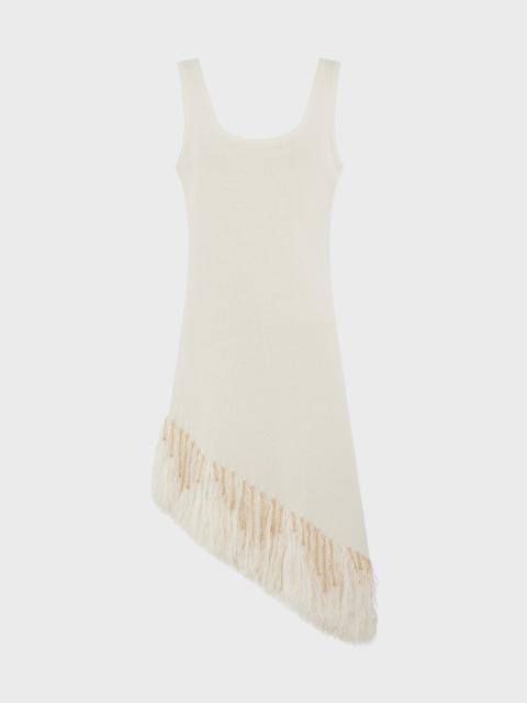 rabanne ASYMMETRICAL OFF WHITE WOVEN DRESS WITH KNITTED BEADS AND FEATHERS