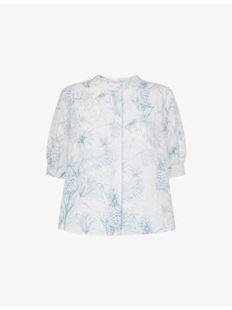 WHISTLES Pineapple-Print Textured Short-Sleeve Cotton-Blend Shirt