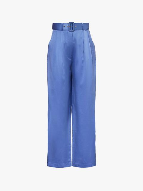 Buckle belt wide-leg high-rise silk trousers