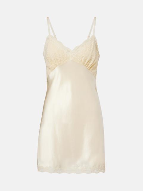 SAINT LAURENT Lace-trimmed silk satin slip dress