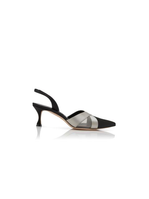 Manolo Blahnik Black and Grey Satin Crossover Slingback Pumps