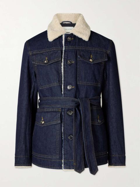 Fleece-Trimmed Belted Denim Jacket