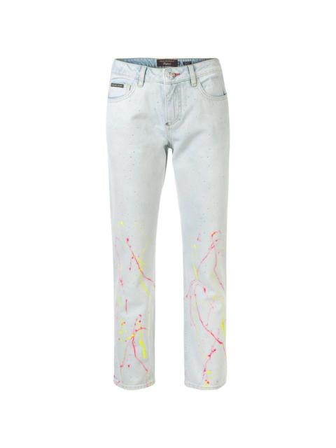 high-rise cropped paint print jeans