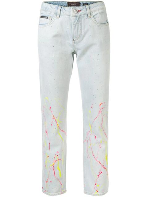 high-rise cropped paint print jeans