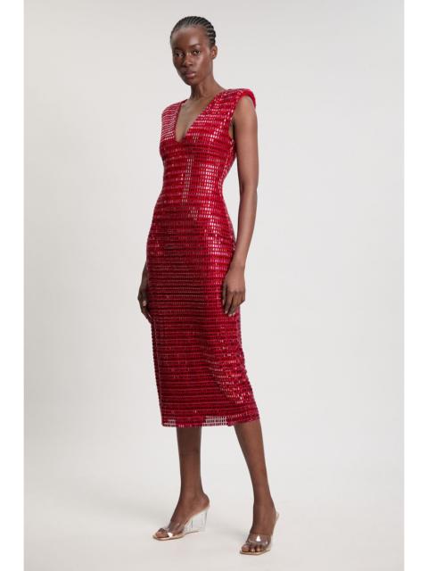 KAREN MILLEN Premium Crystal Embellished Jersey Sleeveless Plunge Neck Midi Dress