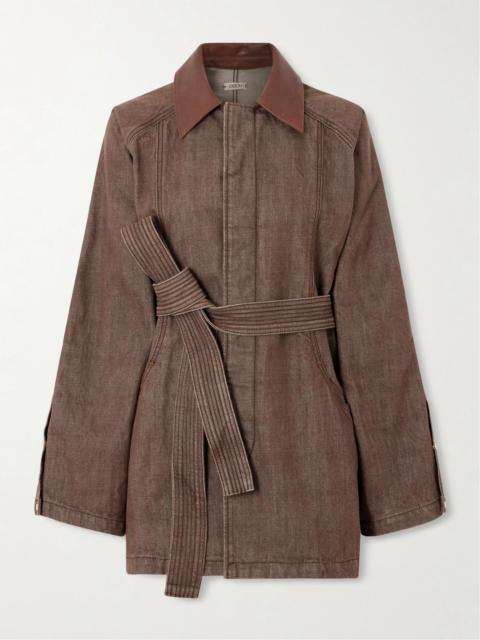 OSSOU Sweep belted leather-trimmed denim jacket Brown