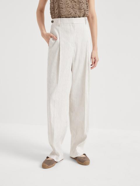 Brunello Cucinelli Comfort linen and cotton chalk stripe twill sartorial relaxed trousers