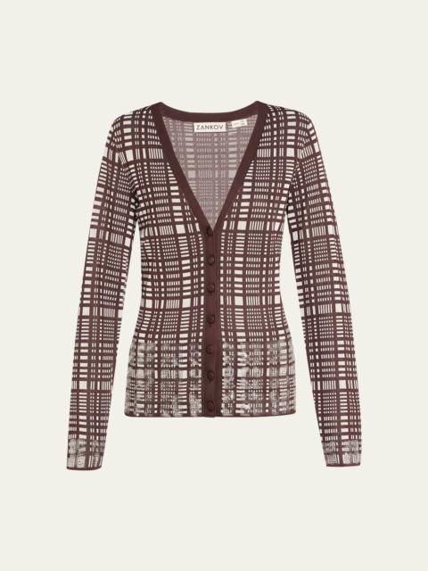 ZANKOV Elise Sequined Check V-Neck Cardigan