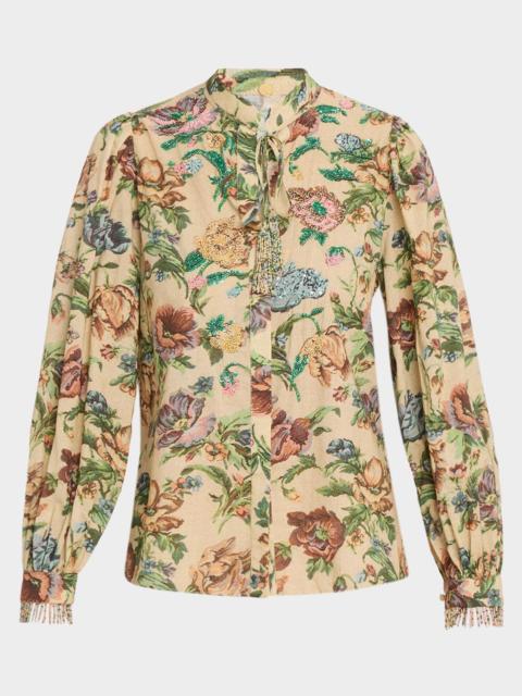 KOBI HALPERIN Asher Beaded Floral-Print Cotton Blouse