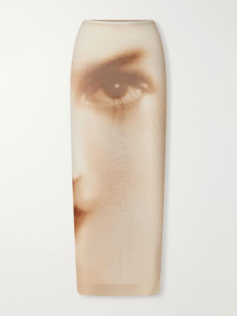 Jean Paul Gaultier Face printed mesh maxi skirt Beige