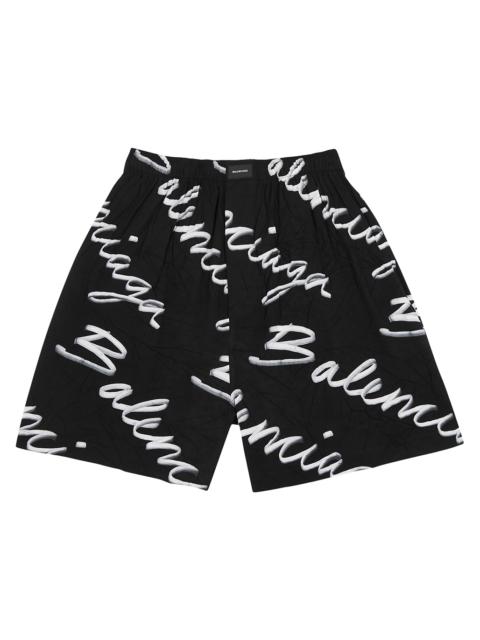 BALENCIAGA Scribble black logo-print crinkled shorts