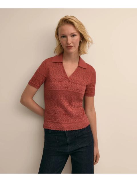 Brooks Brothers Silk-Cotton Short-Sleeve Johnny Collar Pointelle Sweater