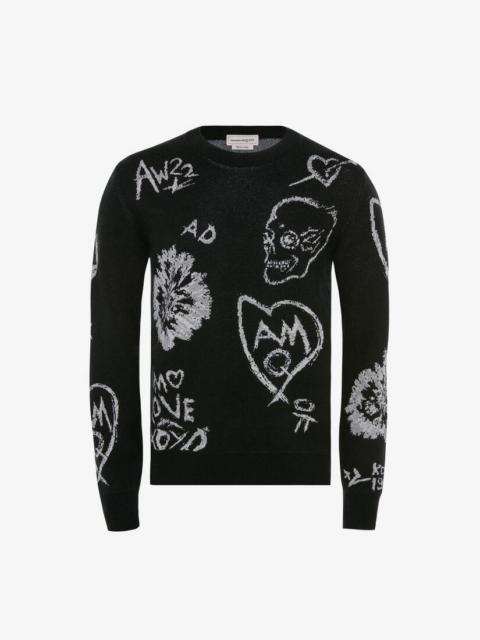 Alexander McQueen Men's Wool Tree Graffiti Jumper in Black/silver