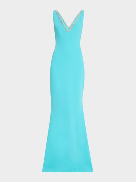 REEM ACRA Sleeveless V-Neck Backless Crepe Gown with Beaded Trim