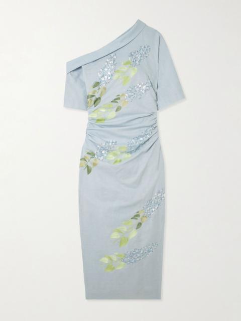 BERNADETTE Bowery asymmetric embellished cotton and linen-blend midi dress Blue