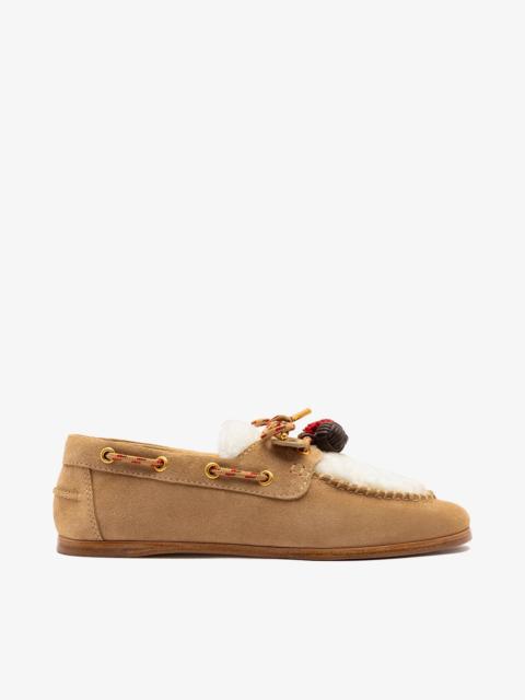 Larroudé Cyprus Fuzzy Boat Shoe Peanut Suede