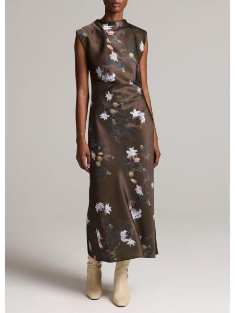 Vince Lily Vine Satin Draped Funnel-Neck Dress